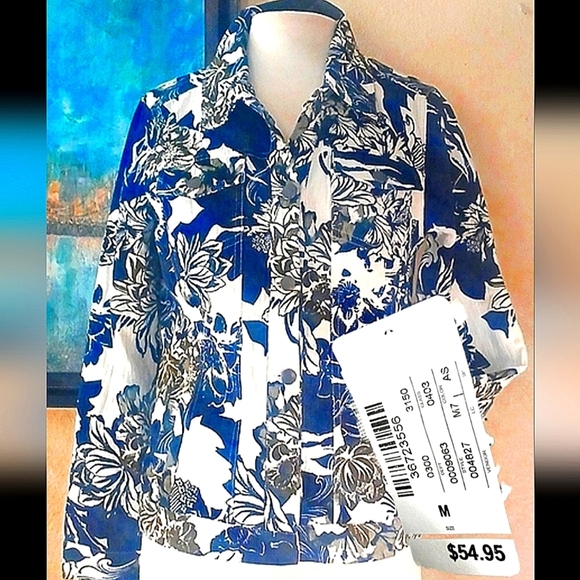 BRAND NEW!!! CHRISTOPHER AND BANKS Floral Print Jacket in Blue and White MED - Picture 1 of 12